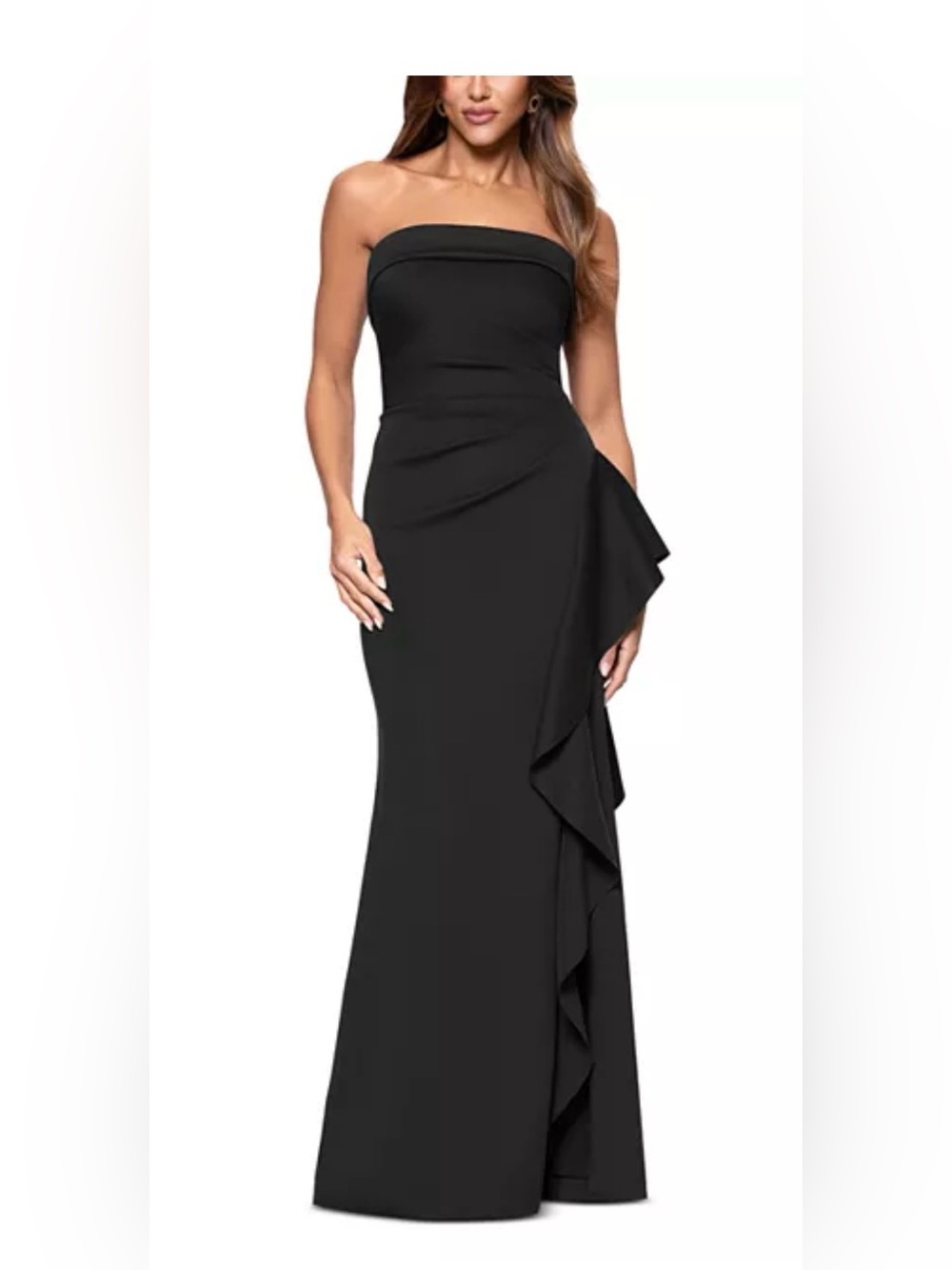 Aqua Strapless Black Ruffle Column Gown